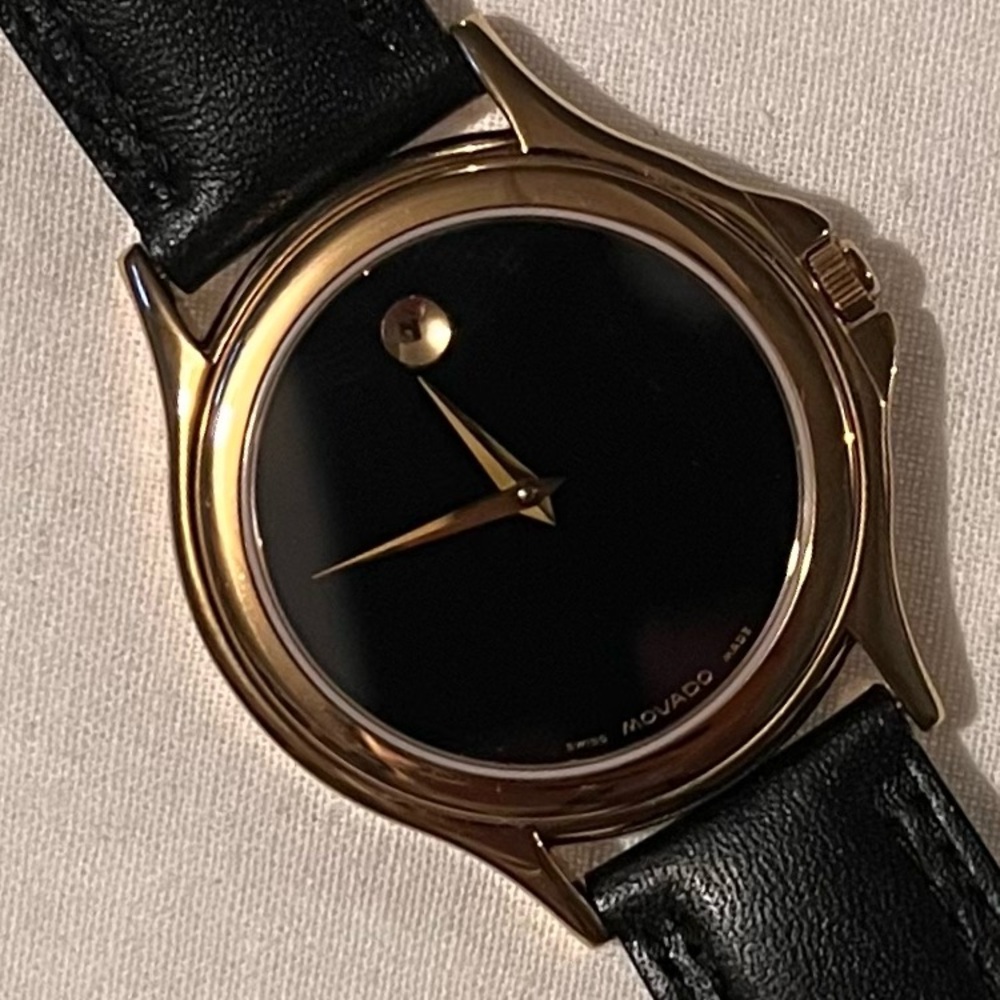 MOVADO “TRUMP” Signature Gold Black Leather Band Watch - Picture 4 of 8